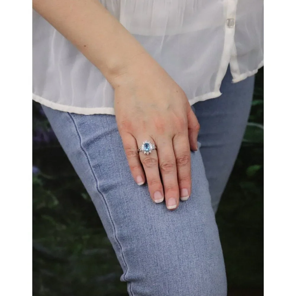 Sterling Silver Natural Blue Topaz and White Topaz Ring Ballerina Ring Size 7 - Picture 4 of 8